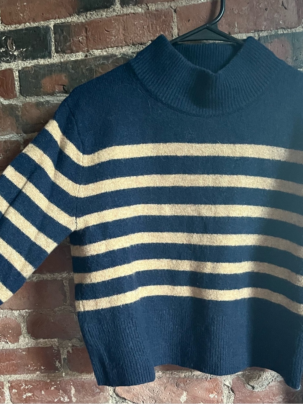 J. Crew Navy and Cream Striped Turtleneck Crop Sweater